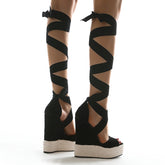 Black Roman Wind Wedge Lace-up Platform Wedge - FashionByTeresa